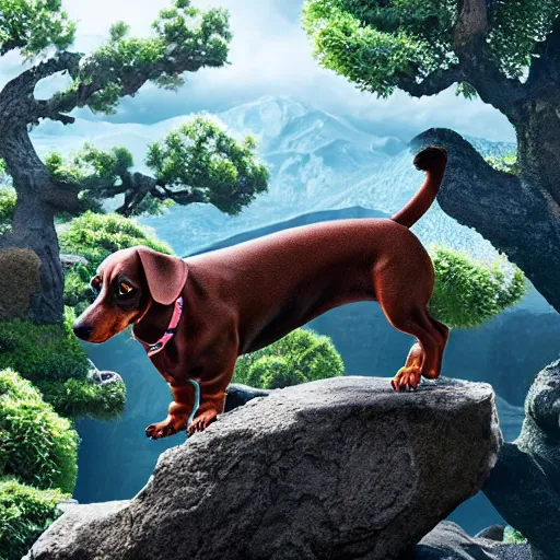 Image similar to Dachshund bonsai, the god of small scissors!!, pitchburn devils!, security rhox, sauroform hybrid, forbidding spirit!!, guardian project, hackrobat!!!, cinematic, hyper realistic, detailed, 8k, octane render.