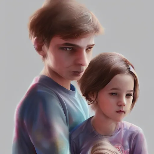 Image similar to a brother's life with his cute sister, photo realistic, dreamy, illustration, artstation, devainart, 8 k