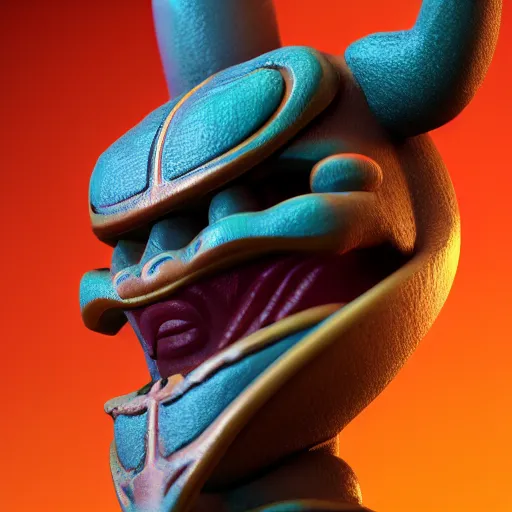 Image similar to closeup 3 d toy maori god as funco toy, plastic, sss, octane 4 k render, studio lighting, artstation, cyan photographic backdrop, 1 0 5 mm, f 2. 8 aperture