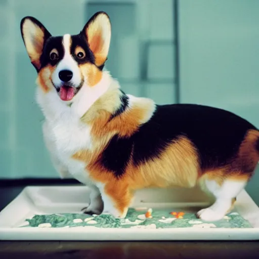 Prompt: photo of corgi in a house made out of sushi, cinestill, 800t, 35mm, full-HD