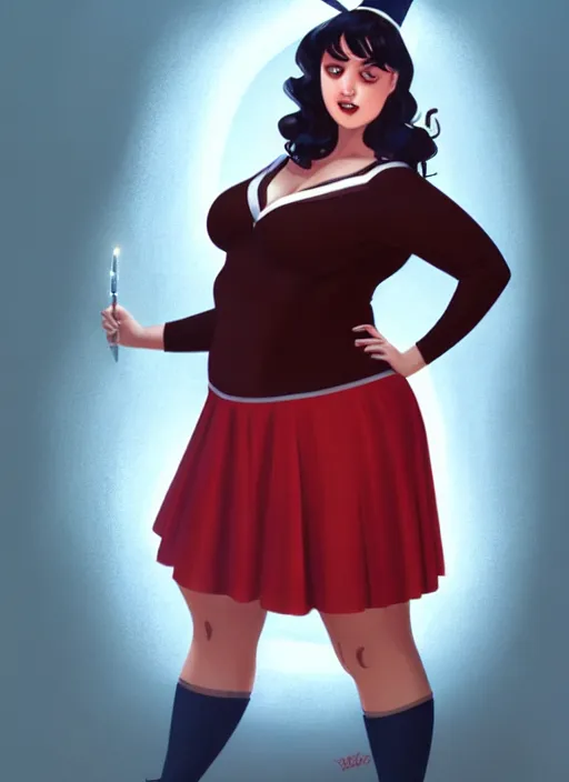 Image similar to full body portrait of teenage veronica lodge, obese, bangs, sultry, realistic, sultry smirk, wavy hair, red skirt, fat, belly, intricate, elegant, glowing lights, highly detailed, digital painting, artstation, concept art, smooth, sharp focus, illustration, art by wlop, mars ravelo and greg rutkowski