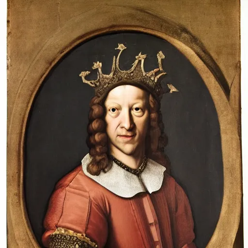 Image similar to renaissance style portrait of a european common cuttlefish wearing a crown and a cape, dark background