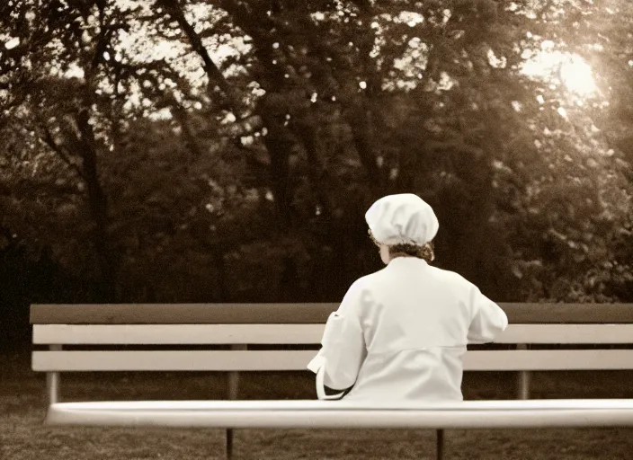 Image similar to a 3 5 mm photo from the back of a woman wearing a white lab coat sitting at a bench in a laboratory, bokeh, canon 5 0 mm, cinematic lighting, dramatic, film, photography, golden hour, depth of field, award - winning, 3 5 mm film grain, retro, film, kodachrome, closeup