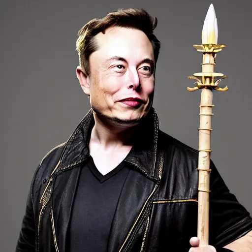 Image similar to Elon Musk wearing a wizard outfit and holding a magic staff, highly detailed, high quality, HD, 4k, 8k, Canon 300mm, professional photographer, 40mp, lifelike, top-rated, award winning, realistic, sharp, no blur, edited, corrected, trending