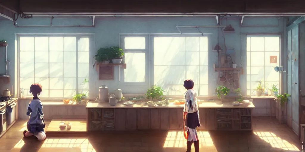 Image similar to interior background art, bright window lit kitchen, morning, steaming food on the stove, wooden floors, houseplants, ghosts, cottage decor, anime, trending on pixiv fanbox, painted by greg rutkowski makoto shinkai takashi takeuchi studio ghibli, akihiko yoshida