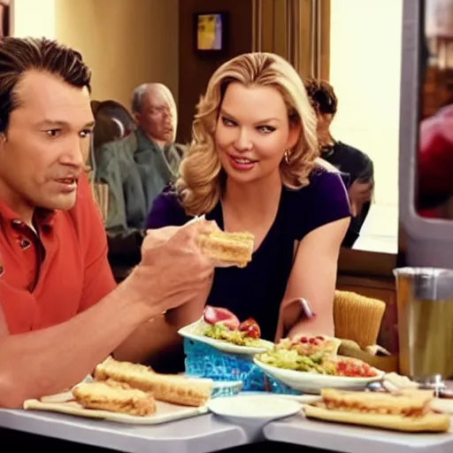 Image similar to catherine heigl and tenth is khan eating sandwiches at a diner, ultrarealistic, photorealistic, 8 k, ultra hd