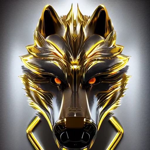 Image similar to chrome and gold wolf, glossy, metallic, neon, symmetrical, tribal patterns, realistic, unreal engine, octane, redshift, artstation, behance