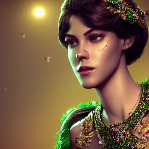 Image similar to photograph of wonderful princess with smooth fair skin, green jewelry, breathtaking, elegant, ornate, intricate, hyper detailed, accent lighting, dramatic light, 4 k octane render