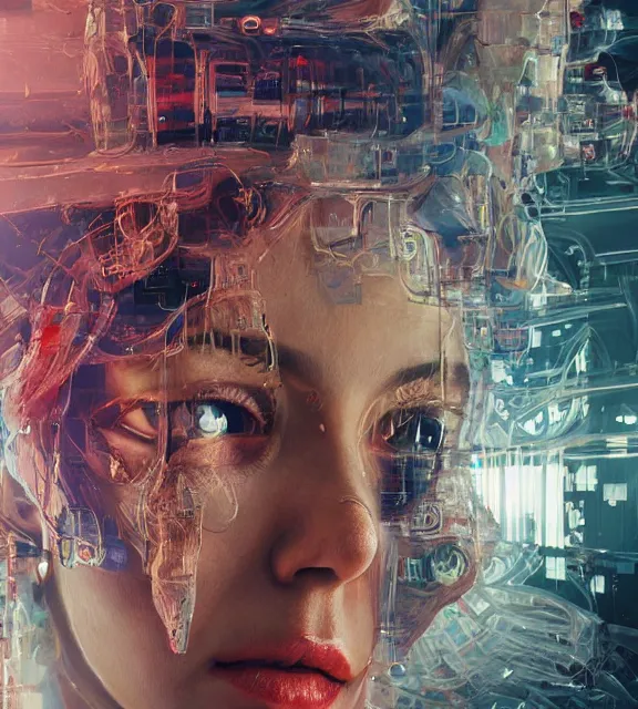 Image similar to hyperrealistic portrait of a woman monster astronaut, sofia coppola, cyberpunk, well lit, intricate abstract. gucci style, intricate artwork, high detail, figurative art, multiple exposure, poster art, 3 d, by stanley kubrick and tooth wu and wlop and beeple, realistic, hyperdetailed, 8 k resolution.