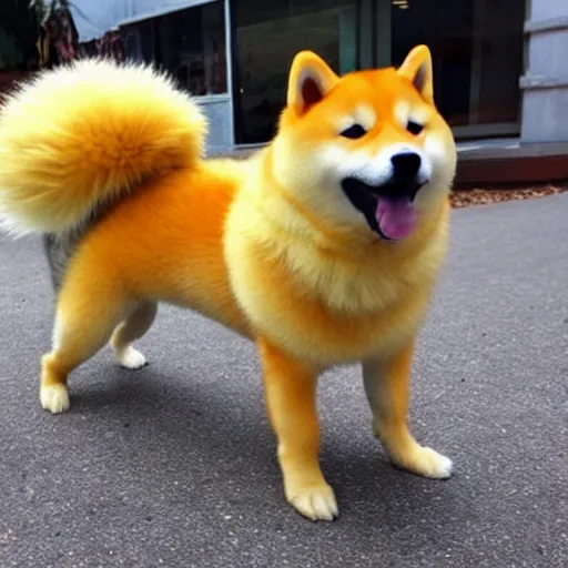 Image similar to real life super saiyan shiba inu with glowing yellow fur shooting a kamehameha energy beam