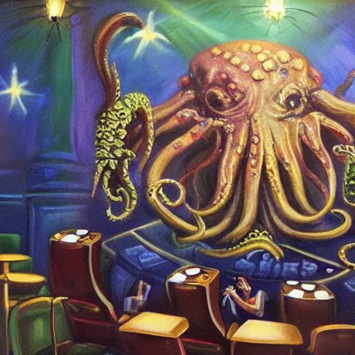 Image similar to cthulhu playing in a casino, realistic painting