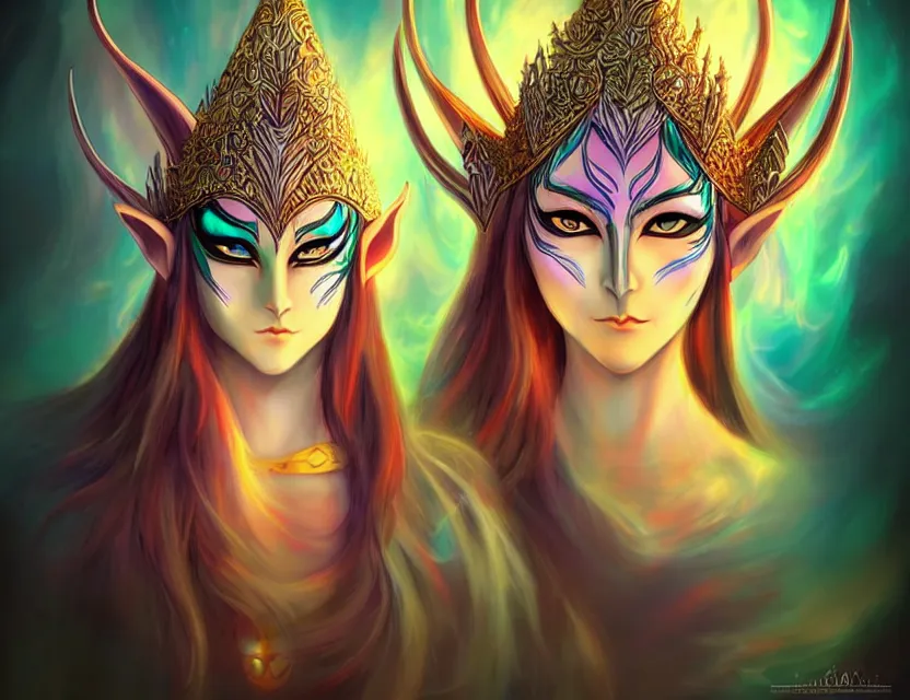 Prompt: elven masked deity. this air brush painting by an indie anime artist has an interesting color scheme, plenty of details and impeccable lighting.