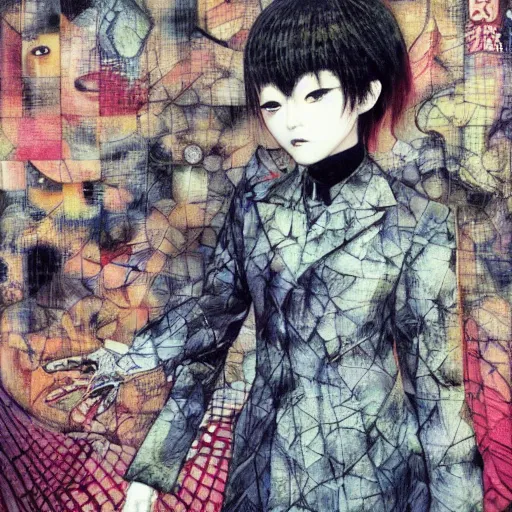 Image similar to yoshitaka amano blurred and dreamy realistic three quarter angle portrait of a k - pop idol with black lipstick and black eyes wearing dress suit with tie, junji ito abstract patterns in the background, satoshi kon anime, noisy film grain effect, highly detailed, renaissance oil painting, weird portrait angle, blurred lost edges