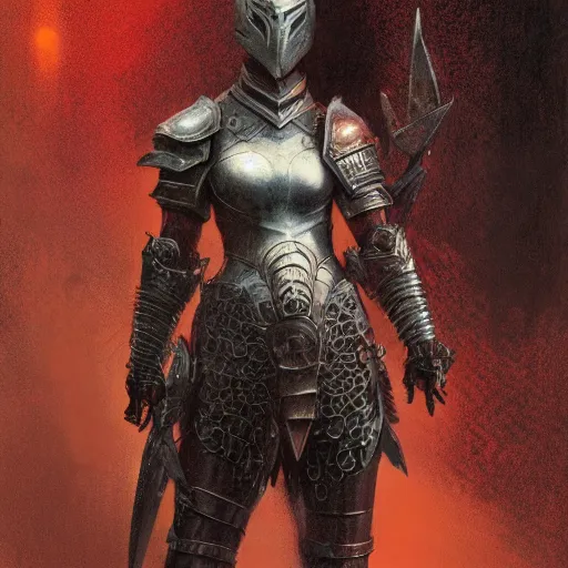 Image similar to young woman with short red hair, wearing black armour, bare legs, concept art, intricate details, highly detailed by greg rutkowski, michael whelan and gustave dore