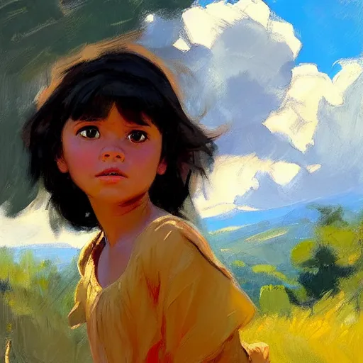 Image similar to Greg Manchess painting of dora the explorer, countryside, fantasy character portrait, dynamic pose, above view, sunny day, thunder clouds in the sky, artwork by Jeremy Lipkin and Giuseppe Dangelico Pino and Michael Garmash and Rob Rey, very coherent asymmetrical artwork, sharp edges, perfect face, simple form, wacky, 100mm