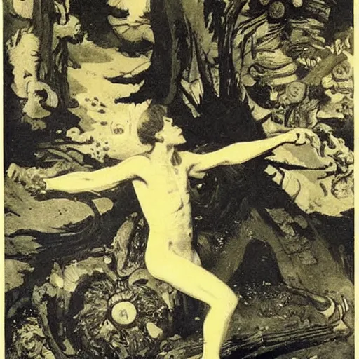 Prompt: A land art. A rip in spacetime. Did this device in his hand open a portal to another dimension or reality?! by Gerhard Munthe, by Norman Lindsay frightful
