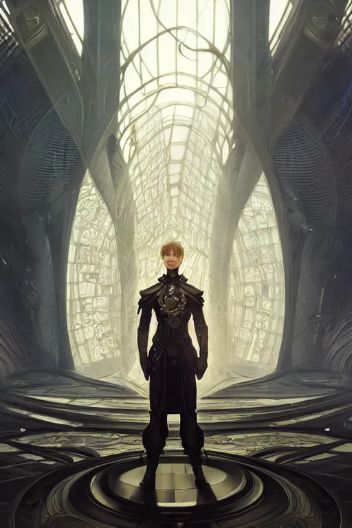 Image similar to portrait of a man with futuristic haircut, soft smile, final fantasy, league of legends champion, strong iridescent light, by chengwei pan and sakimichan and greg rutkowski and alphonse mucha, gradient white to gold, in front of a magical building background, highly detailed portrait, digital painting, smooth, focus illustration