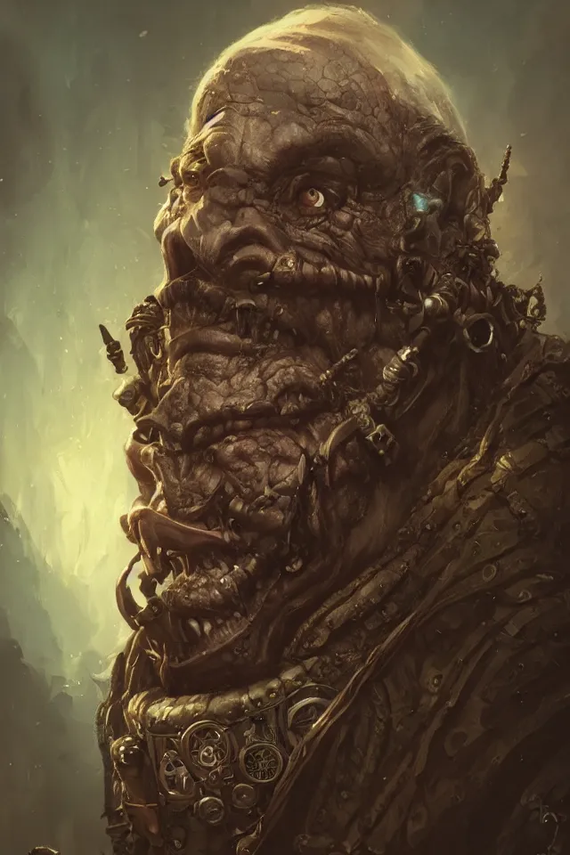 Image similar to Portrait of a scary steampunk orc bouncer,, character design, fantasy, intricate, cinematic lighting, highly detailed, digital painting, artstation, concept art, smooth, sharp focus, illustration, art by WLOP and Ross Tran