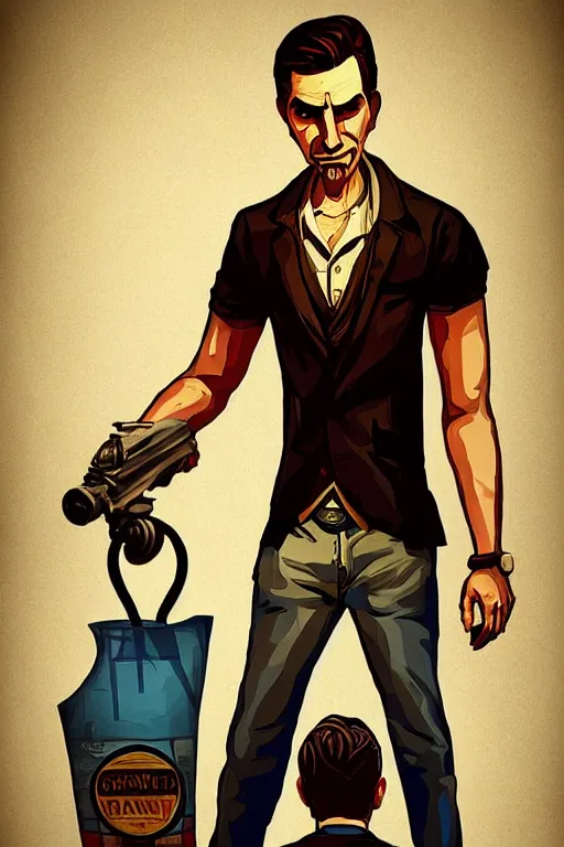 Image similar to handsome guy but lazy, with singlet tshirt and towel on shoulder. bioshock infinite art style, gta chinatown wars art style, pop art, proportional, digital arts, artstation, concept arts, smooth, sharp focus, illustration, intricate, hyperdetails, art by banksy and mimmo rottela, pixels art by paul robertson