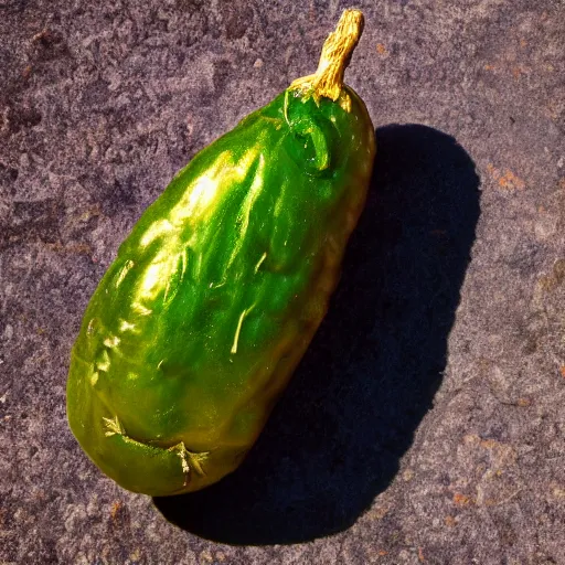 Prompt: A hyper realistic pickle standing on top of a mountain, scenic, realism, 8k,