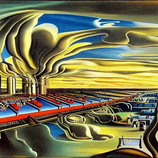 Image similar to industrial automated tesla factory painted by salvador dali