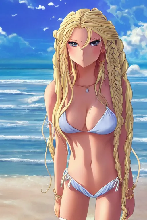 Prompt: a very beautiful anime Donald Trump, full body, long braided curly blonde hair, twisted braids, golden watery eyes, full round face, short smile, pale pink bikini, serene beach setting, cinematic lightning, medium shot, mid-shot, highly detailed, trending on artstation, Cryengine, Raytracing, 4k, cinematic wallpaper by Mort Kunstler, Gil Elvgren, Robert Maguire, Rudolph Belarski, Samson Pollen, Victor Prezio, and Mort Drucker