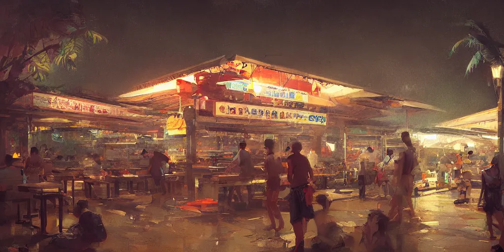 Image similar to a singaporean hawker centre at night, by greg rutkowski