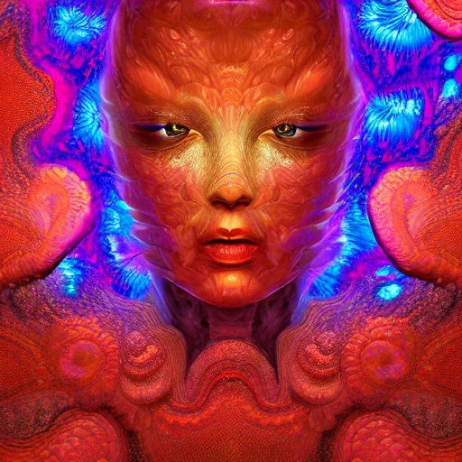 Image similar to Face of a Alien Deity, corals, plume made of fractals, extremly detailed digital painting, in the style of android jones, artwork of a futuristic artificial intelligence superstar, mystical colors, rim light, beautiful lighting, 8k, stunning scene, raytracing, octane, under water visual distortion, trending on artstation