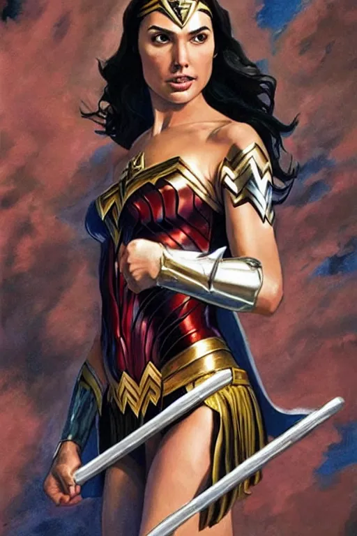 Image similar to Gal Gadot as Wonder Woman with athletic body, painting from Kingdom Come Alex Ross