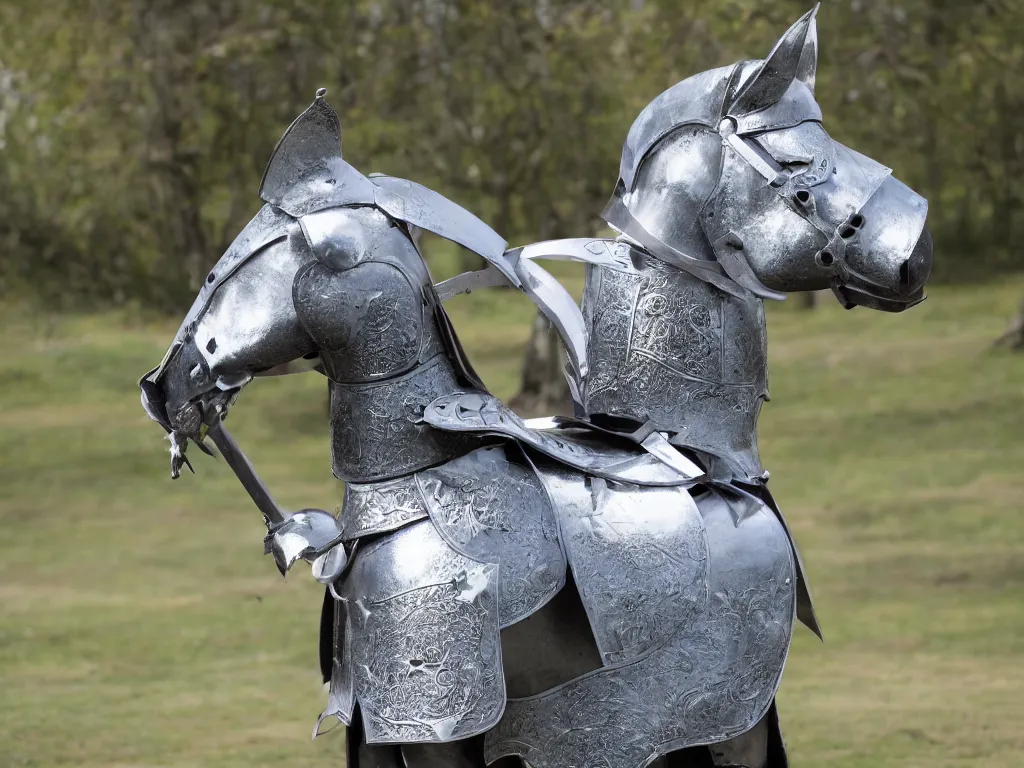 Image similar to anthropomorphic cartoon gray horse dressed up as a knight