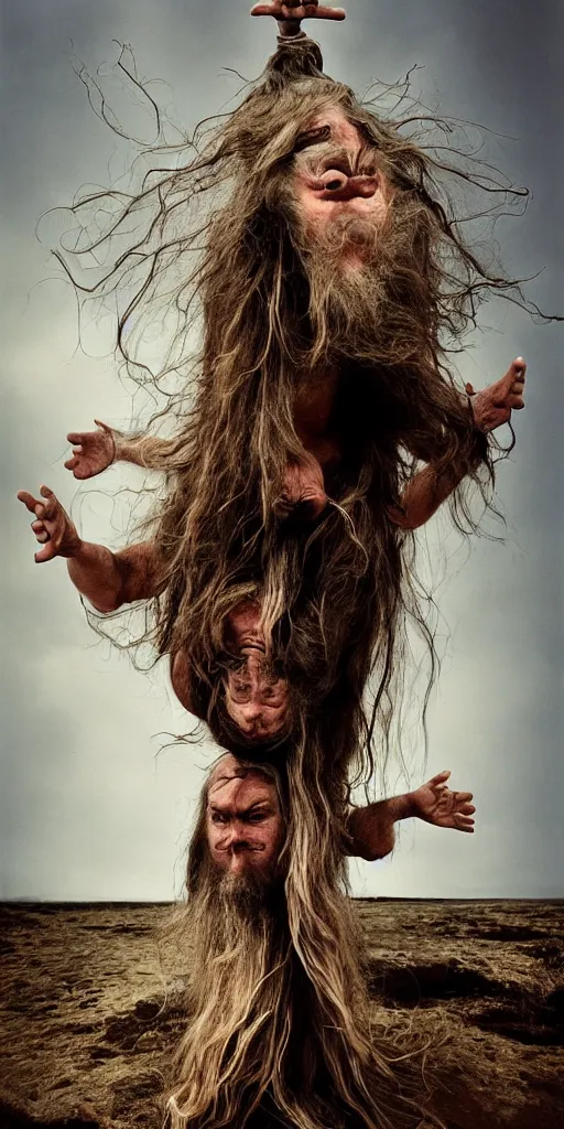 Prompt: a old man with 3 heads and 6 eyes, long hair, hanging upsidedown by annie leibovitz