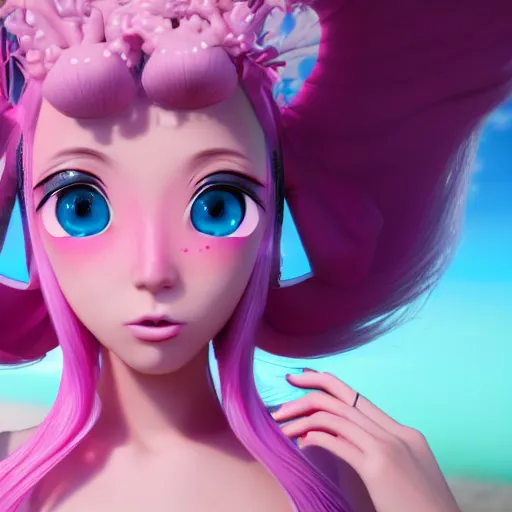 Image similar to stunningly beautiful omnipotent anime goddess with smooth porcelain skin, pink hair and mesmerizing cyan eyes, symmetrical, frog's perspective, unreal engine 5, 8 k