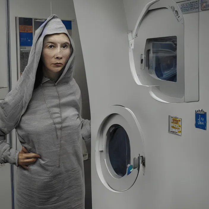 Prompt: a woman wearing a hood made of wire and plastic, in a laundry mat, color photograph, by john currin, canon eos c 3 0 0, ƒ 1. 8, 3 5 mm, 8 k, medium - format print