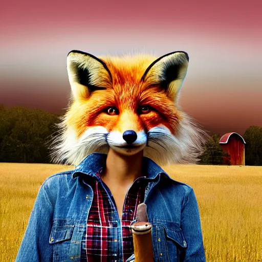 Prompt: a female fluffy anthropomorphic fox animal, wearing cowboy hat, wearing plaid shirt, playing guitar, in a field, barn in background, album cover style