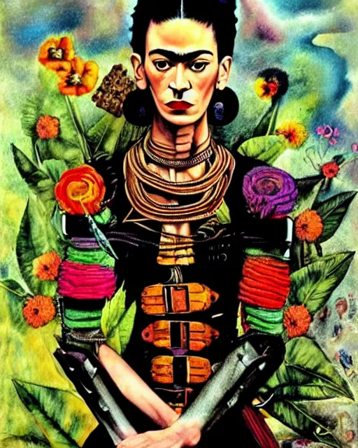 Prompt: portrait of a skinny punk frida kahlo wearing armor by simon bisley, john blance, frank frazetta, fantasy, thief warrior, floral flowers colorful