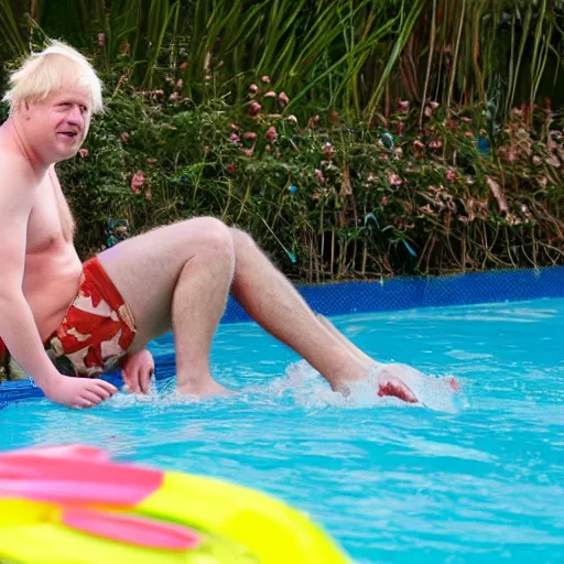 Image similar to Boris Johnson in the love island pool neon flirting with girl