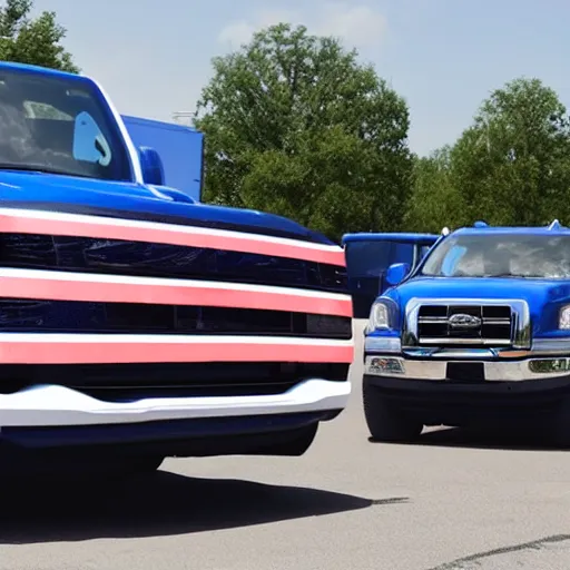 Image similar to photo of big blue biden pickup trucks with american flags on them.