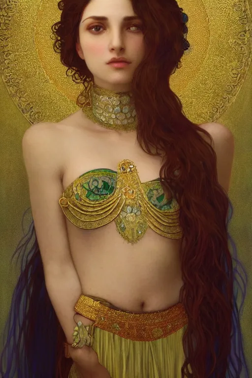 Image similar to 8k Portrait of a Beautiful Arabic female, sad green eyes, beautiful Porcelain skin, elegant, jewellery, digital painting, Pre-Raphaelites, highly detailed, concept art, cinematic lighting, smooth, sharp focus, gold and indigo, illustration, art by Klimt and Alphonse Mucha.