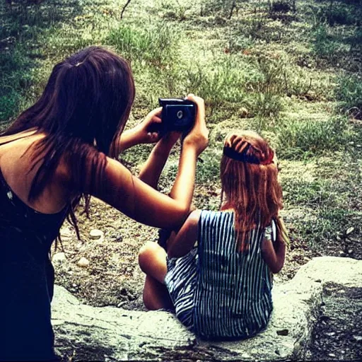 Prompt: “ a primitive pre-human woman Neanderthal shooting a photo with an iPhone to her daughter , anthropology photography, color kodakcrhome 64,National Geographic ”