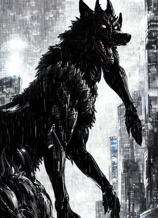 Prompt: Giant wolf with glowing eyes towering over a fantasy city, raining. In style of Yoji Shinkawa and Hyung-tae Kim, trending on ArtStation, dark fantasy, great composition, concept art, highly detailed, dynamic pose.