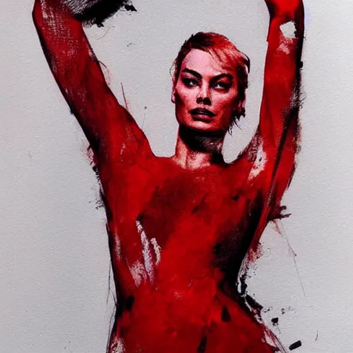 Image similar to full body portrait of margot robbie in the shape of red paint, artwork by guy denning and charlie bowater,