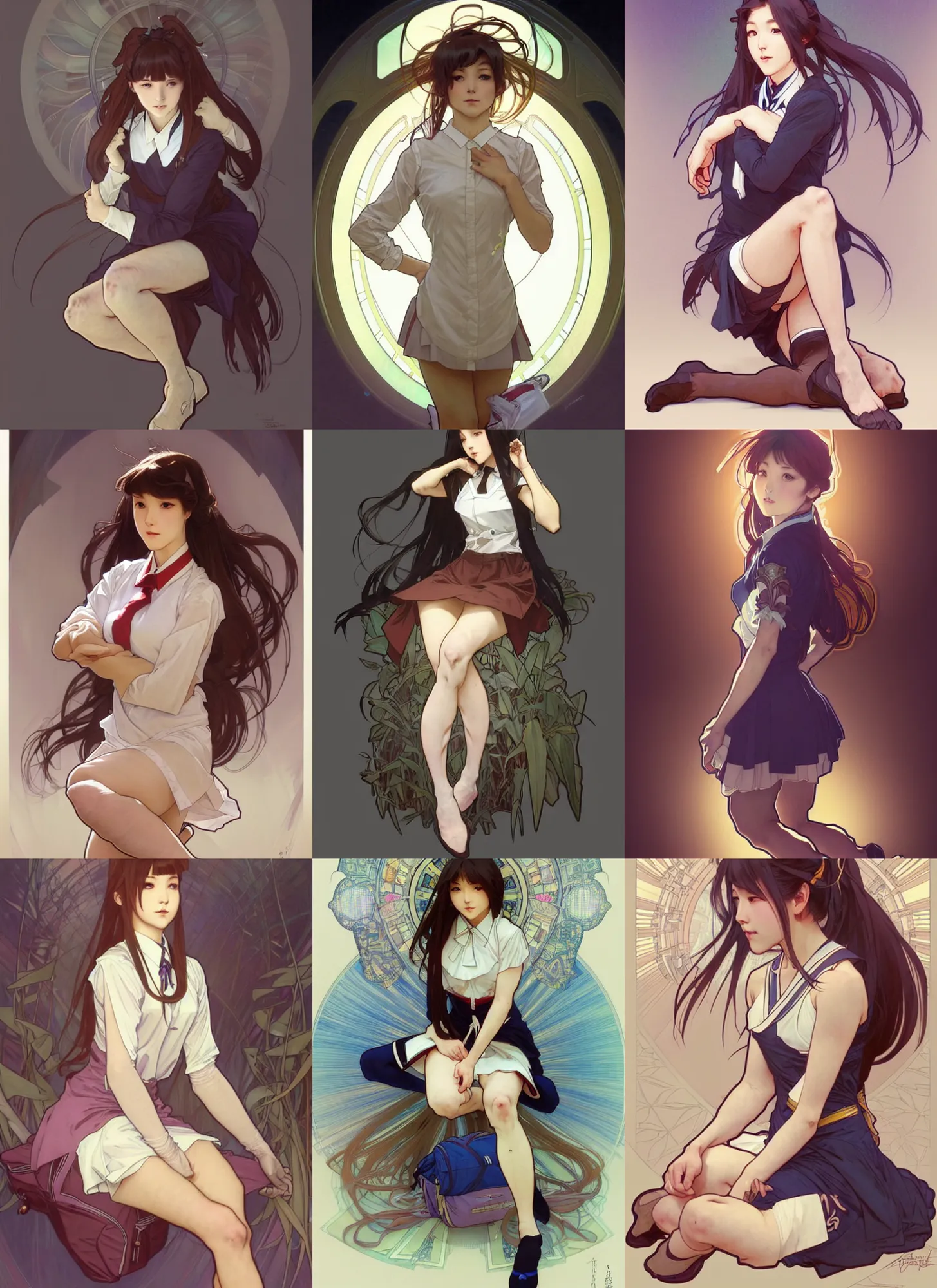 Image similar to a digital concept art by artgerm and greg rutkowski and alphonse mucha. full body!! clear portrait of a squatting attractive japanese school girl in uniform!! sit on floor!! knee length stockings ， school bag, light effect. hyper detailed, character concept, glowing lights!! intricate, elegant, digital painting, artstation, smooth, sharp focus