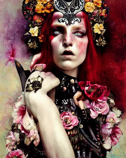 Prompt: portrait of a medieval warrior scarlet woman, goth punk, floral flowers, rainbow colors, surreal, a flemish baroque by alexander mcqueen, art by john collier by greg rutkowski and craig mullins, oil on canvas