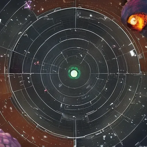 Image similar to a space junkyard forming a tilted disk in black starless space, a graveyard of space stations and giant space structures, dark sci - fi game map