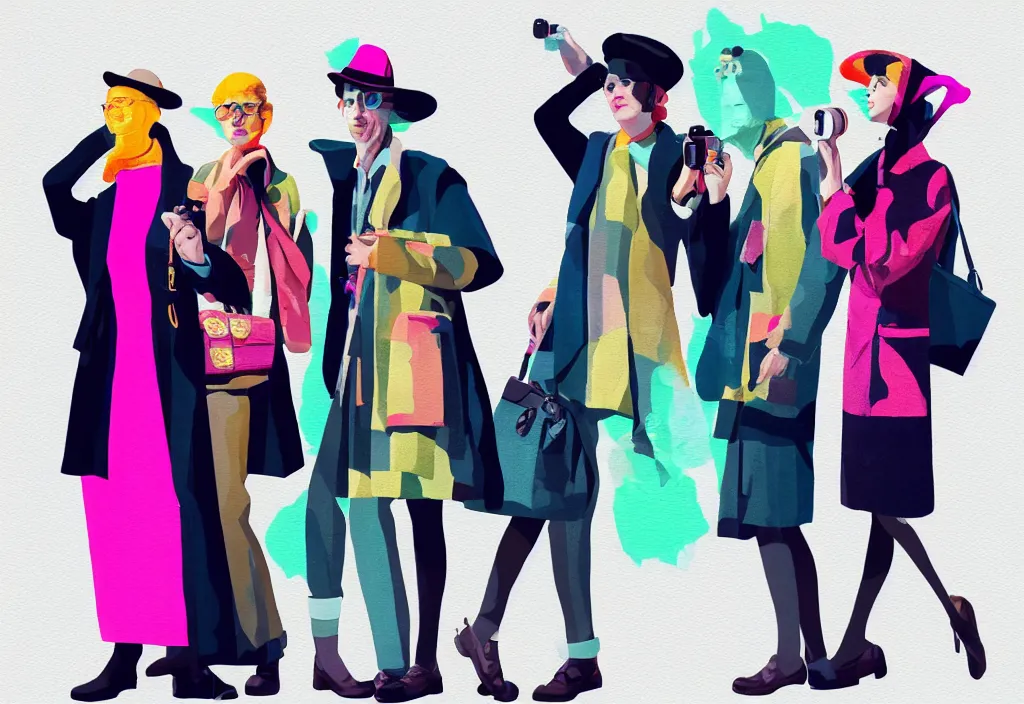 Image similar to full body portrait of a trio of young fashionable european tourists long pattern coat travel apparel, with nikon cameras, sightseeing various poses shooting photos, character designs painting, in the style of wes anderson, rene magritte, lola dupre, david hockney, isolated on white background, dark monochrome neon spraypaint accents volumetric octane render