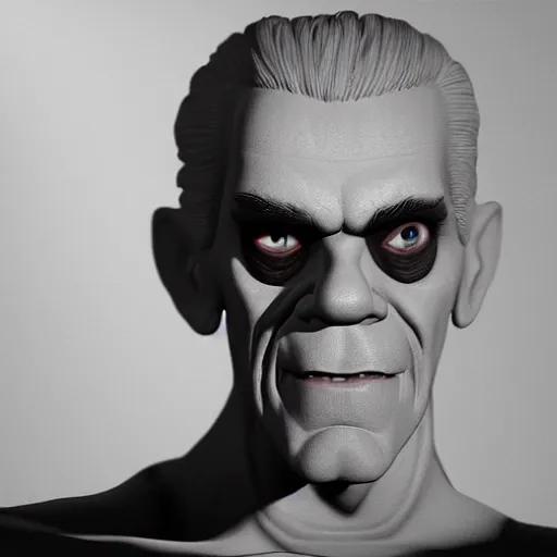 Image similar to hyperrealistic face portrait of frankestein monster actor boris karloff smiling, hyper real, flash photography, hyper detail, unreal engine,