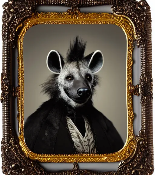 Image similar to professional studio photo portrait of anthro anthropomorphic spotted hyena head animal person fursona smug smiling wearing elaborate pompous royal king robes clothes wallet frame by Louis Daguerre daguerreotype tintype