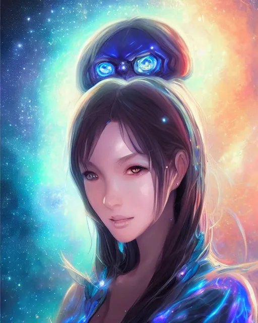 Prompt: A realistic anime portrait of a beautiful cosmic woman with glowing blue eyes and skin made of universes wearing clothes made of galaxies, digital painting, by Stanley Artgerm Lau, Sakimichan, WLOP and Rossdraws, digtial painting, trending on ArtStation, SFW version
