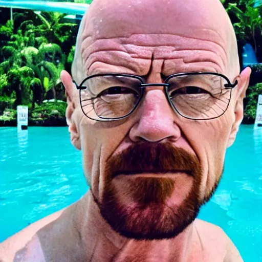 Image similar to walter white selfie at indoor water park with tropical plants