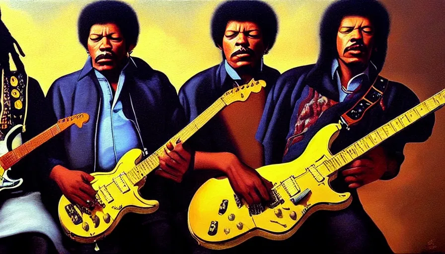 Image similar to photorealistic painting of tim maia, jimi hendrix and b. b king, with very highly detailed face, jamming with electric guitars, sitting on fluffy clouds. realism, beautiful, dramatic by grant wood, johannes vermeer and leonardo da vinci